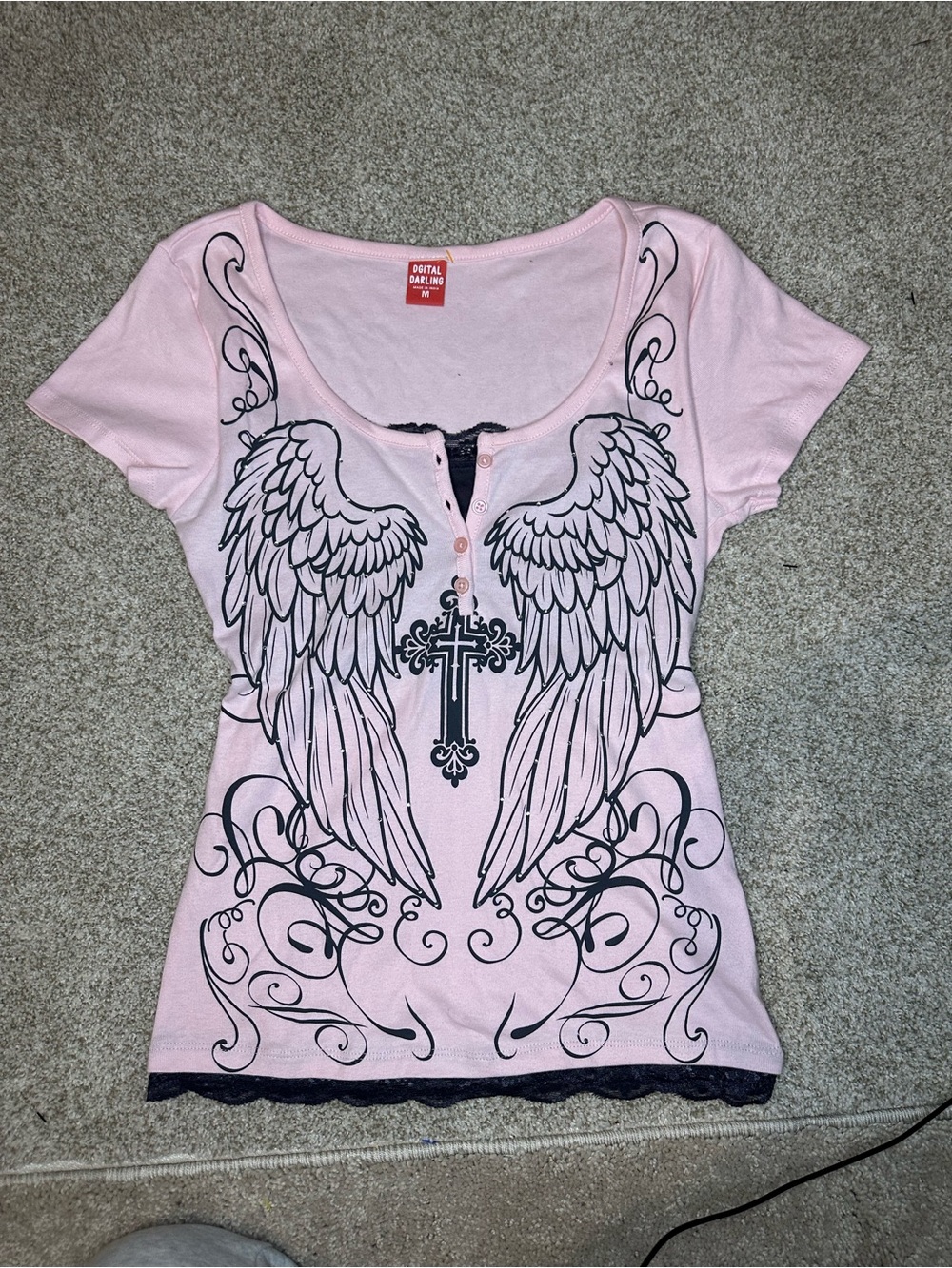 Digital Darling Pink Y2K Angel Wings Graphic Baby Tee – Size M